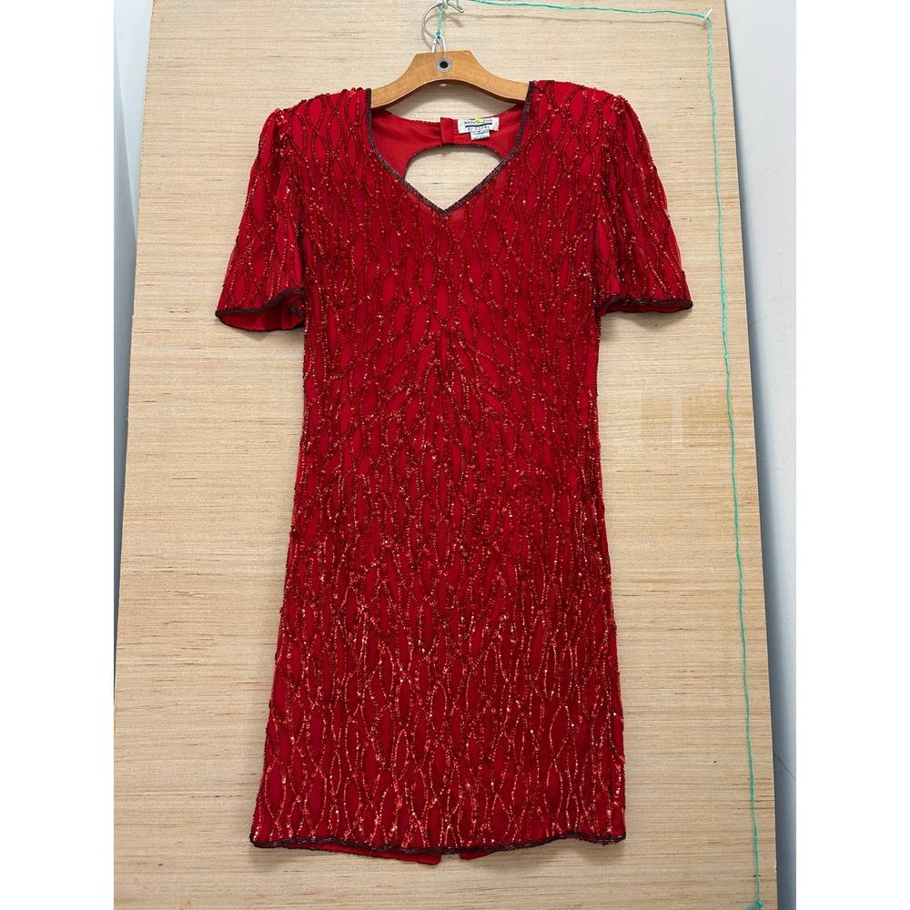 Mark & John by Gopal Red Beaded Silk Mini Dress Heart Cutout Back‎ Vintage Small